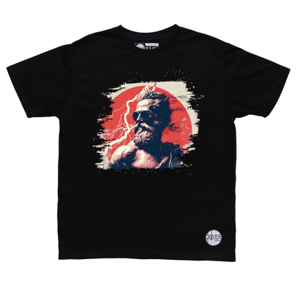 stylish modern Zeus deity with urban storm scene on black t-shirt by Shinwa, streetwear brand from the Philippines