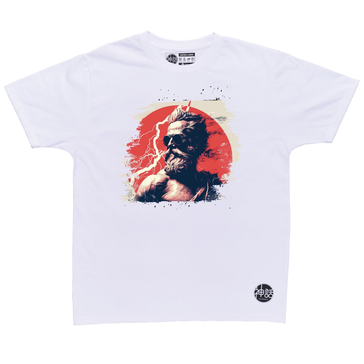 stylish modern Zeus deity with urban storm scene on white t-shirt by Shinwa, streetwear brand from the Philippines