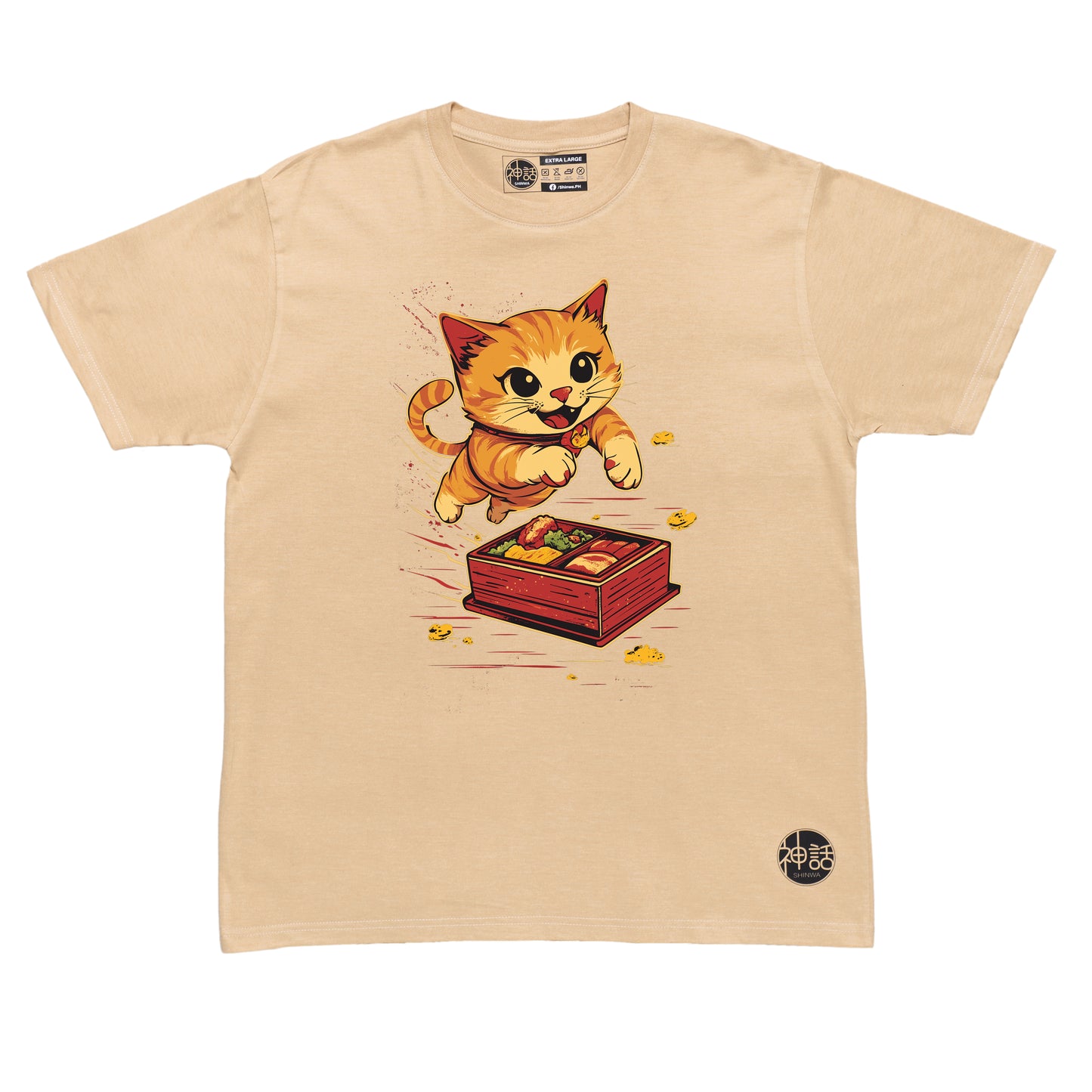orange cartoon cat jumping toward a bento box in beige t-shirt by Shinwa, streetwear brand from the Philippines