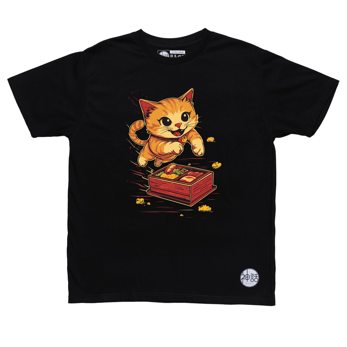 orange cartoon cat jumping toward a bento box in black t-shirt by Shinwa, streetwear brand from the Philippines