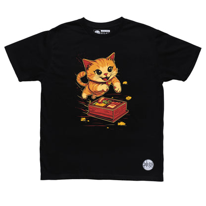 orange cartoon cat jumping toward a bento box in black t-shirt by Shinwa, streetwear brand from the Philippines
