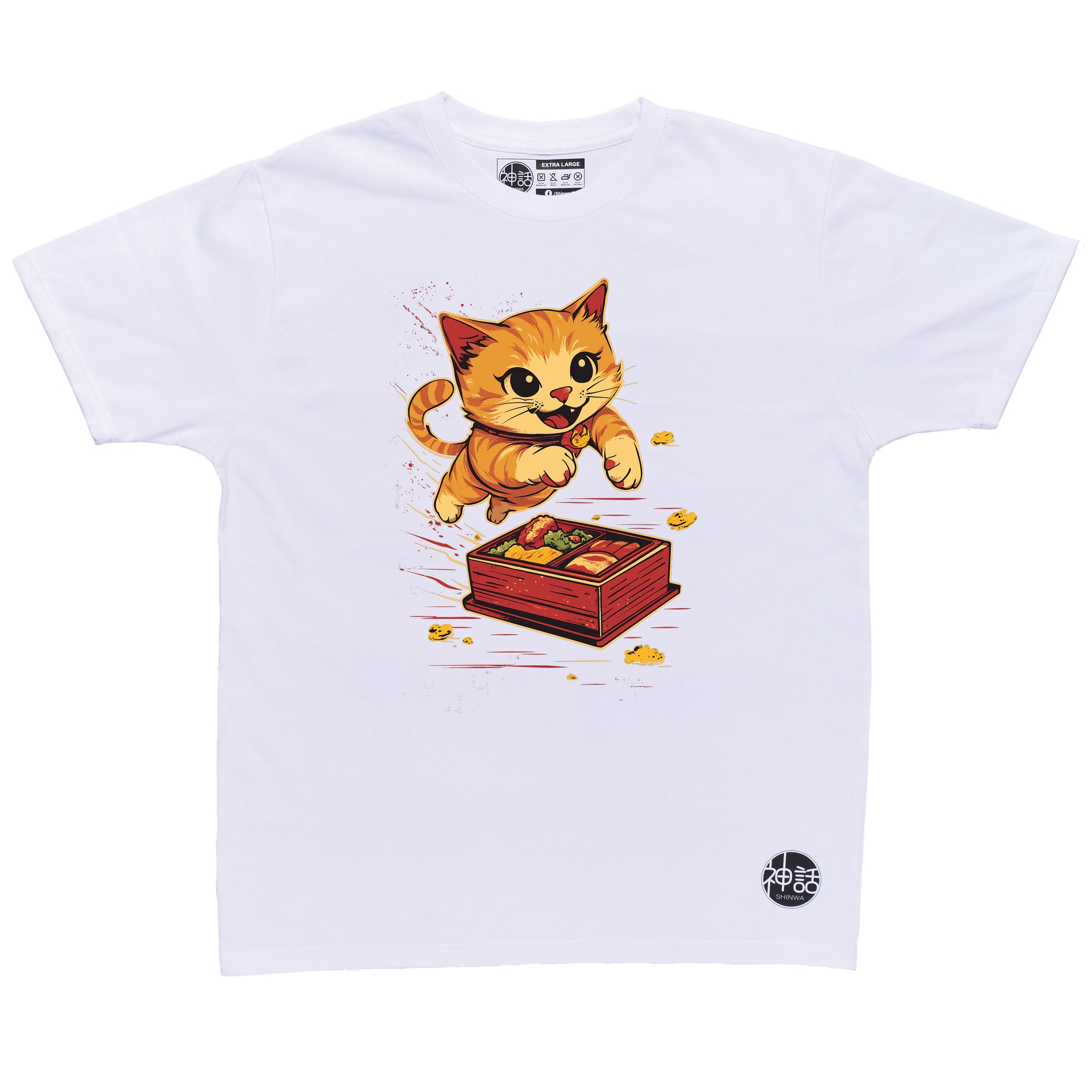 orange cartoon cat jumping toward a bento box in white t-shirt by Shinwa, streetwear brand from the Philippines