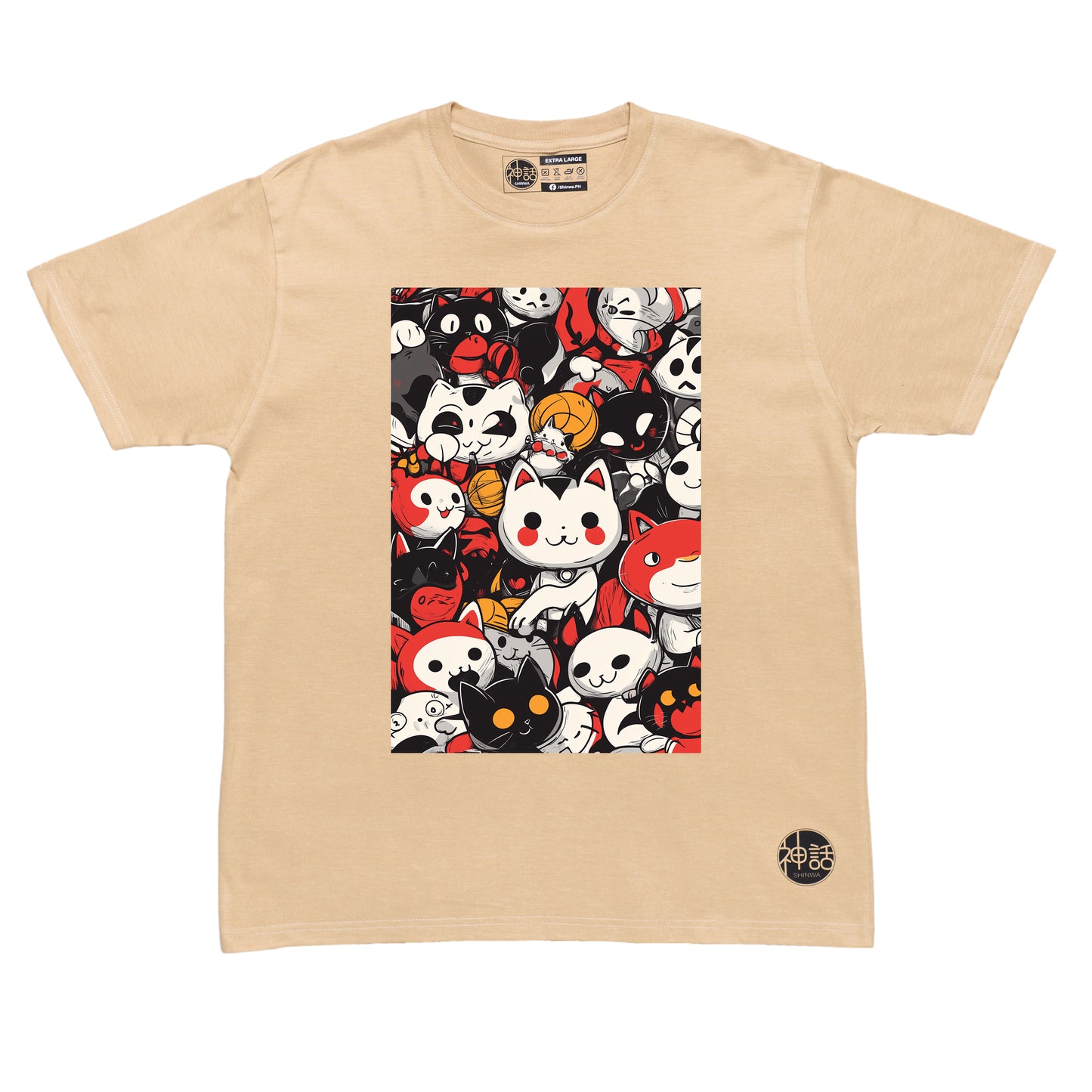 group of playful cats in red, white, and black in beige t-shirt by Shinwa, streetwear brand from the Philippines