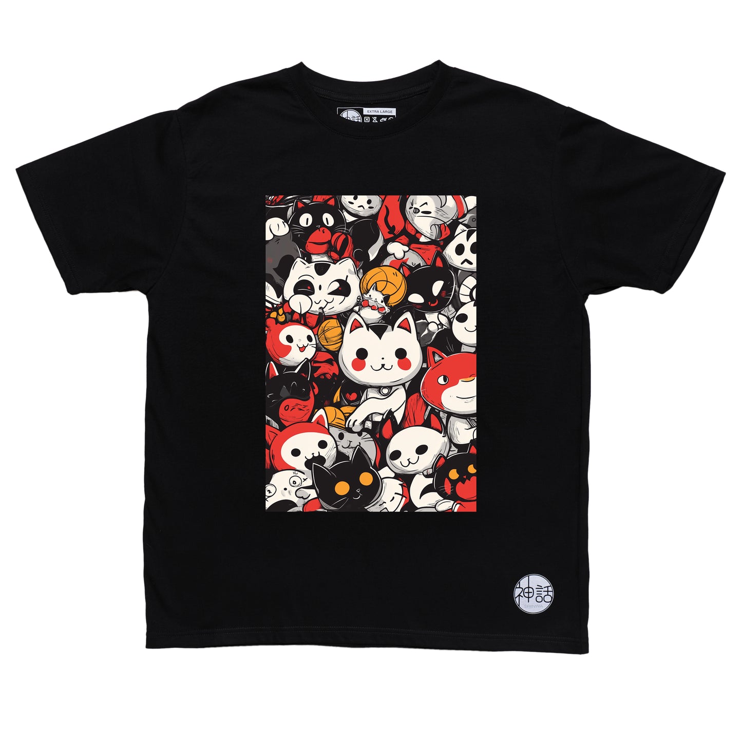 group of playful cats in red, white, and black in black t-shirt by Shinwa, streetwear brand from the Philippines