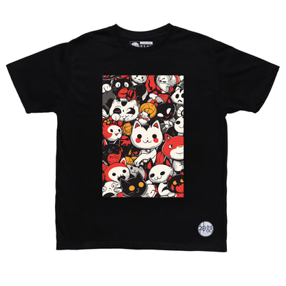 group of playful cats in red, white, and black in black t-shirt by Shinwa, streetwear brand from the Philippines