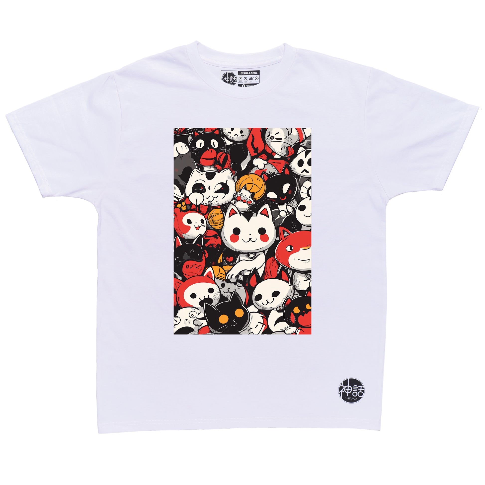 group of playful cats in red, white, and black in white t-shirt by Shinwa, streetwear brand from the Philippines