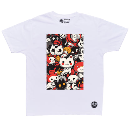 group of playful cats in red, white, and black in white t-shirt by Shinwa, streetwear brand from the Philippines