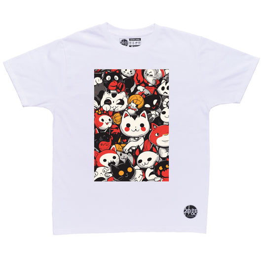 group of playful cats in red, white, and black in white t-shirt by Shinwa, streetwear brand from the Philippines
