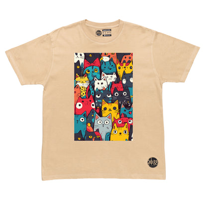 assorted aloof cartoon cats in beige t-shirt by Shinwa, streetwear brand from the Philippines