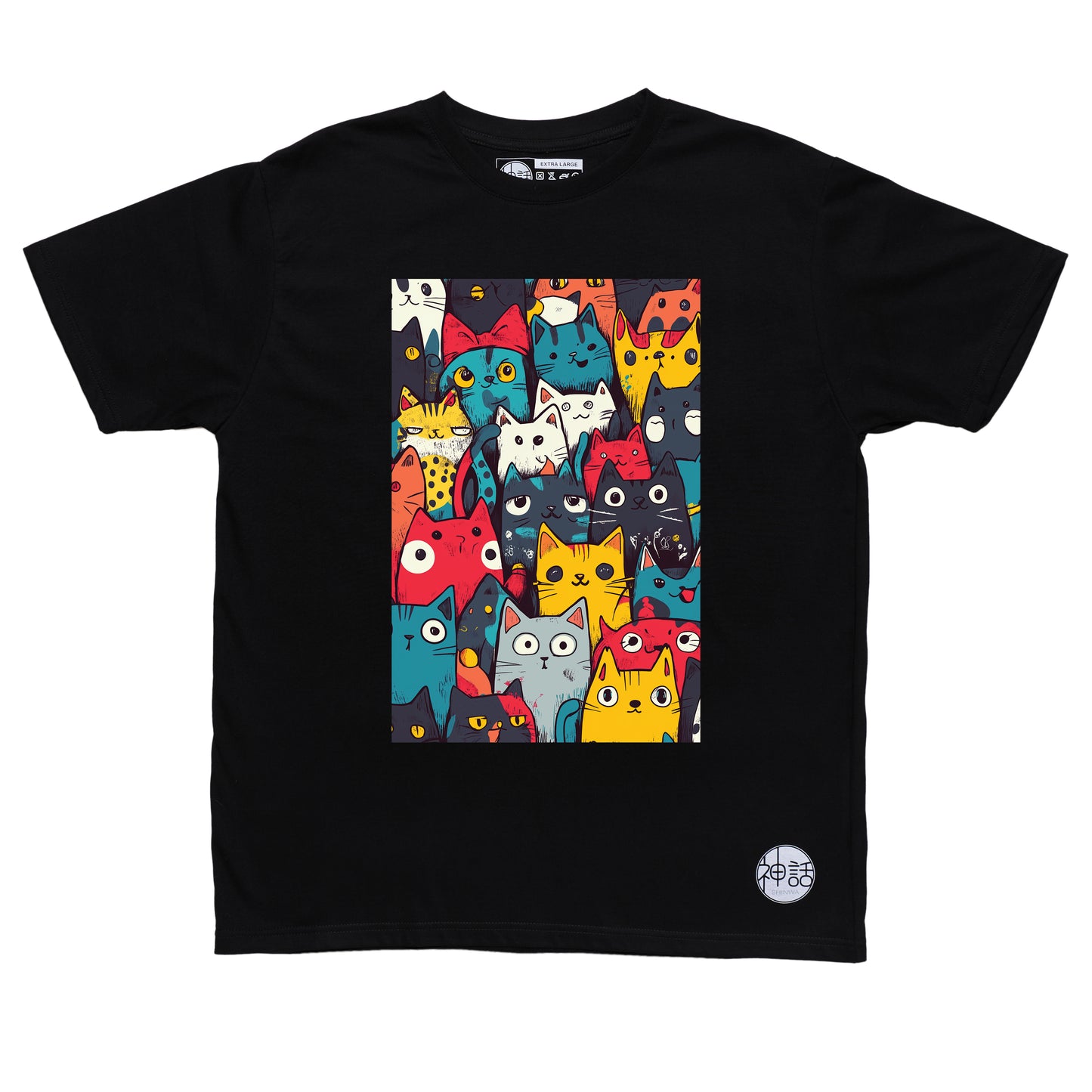 assorted aloof cartoon cats in black t-shirt by Shinwa, streetwear brand from the Philippines