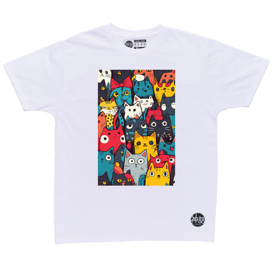 assorted aloof cartoon cats in white t-shirt by Shinwa, streetwear brand from the Philippines