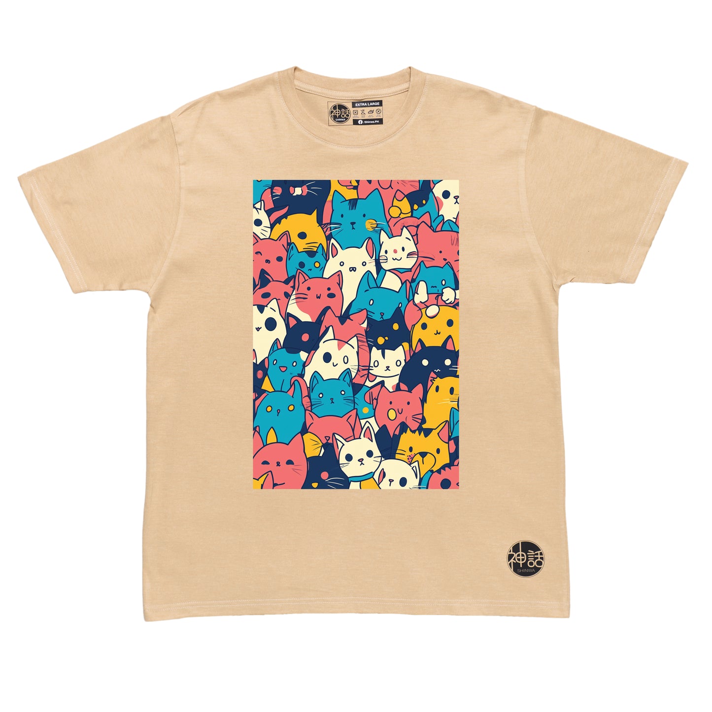 pastel-colored cartoon cats in beige t-shirt by Shinwa, streetwear brand from the Philippines