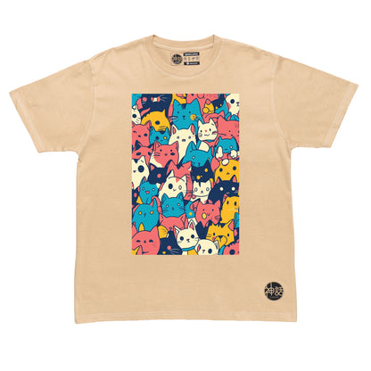 pastel-colored cartoon cats in beige t-shirt by Shinwa, streetwear brand from the Philippines