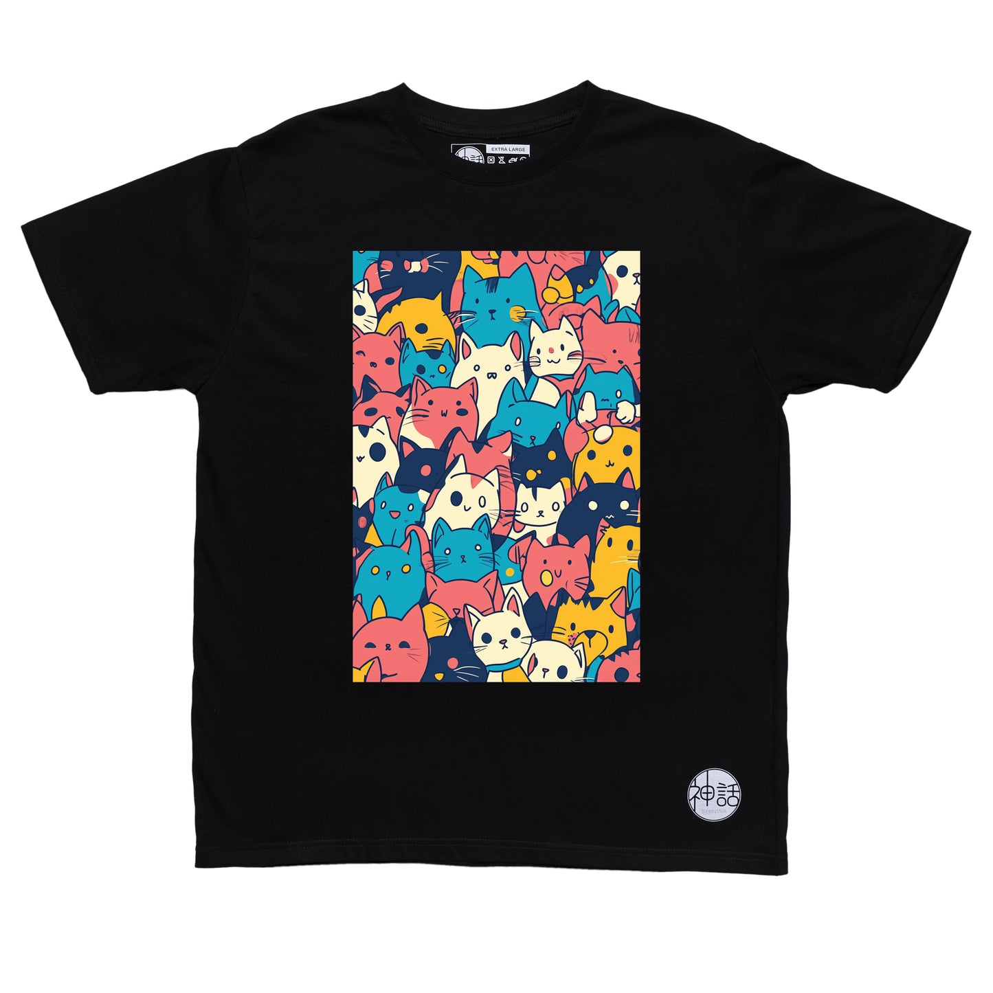 pastel-colored cartoon cats in black t-shirt by Shinwa, streetwear brand from the Philippines