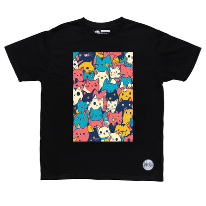 pastel-colored cartoon cats in black t-shirt by Shinwa, streetwear brand from the Philippines