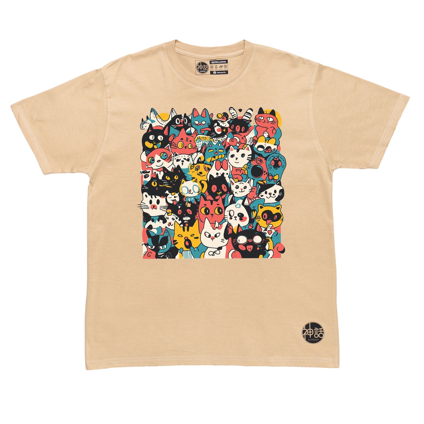 pastel cartoon cat crowd design in beige t-shirt by Shinwa, streetwear brand from the Philippines