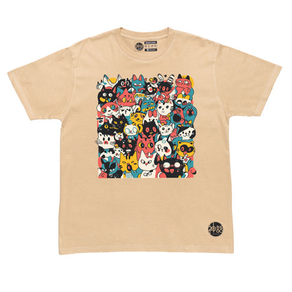 pastel cartoon cat crowd design in beige t-shirt by Shinwa, streetwear brand from the Philippines