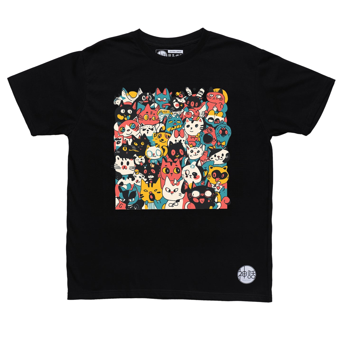 pastel cartoon cat crowd design in black t-shirt by Shinwa, streetwear brand from the Philippines