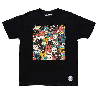 pastel cartoon cat crowd design in black t-shirt by Shinwa, streetwear brand from the Philippines