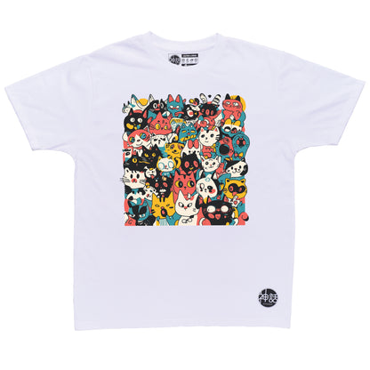 pastel cartoon cat crowd design in white t-shirt by Shinwa, streetwear brand from the Philippines