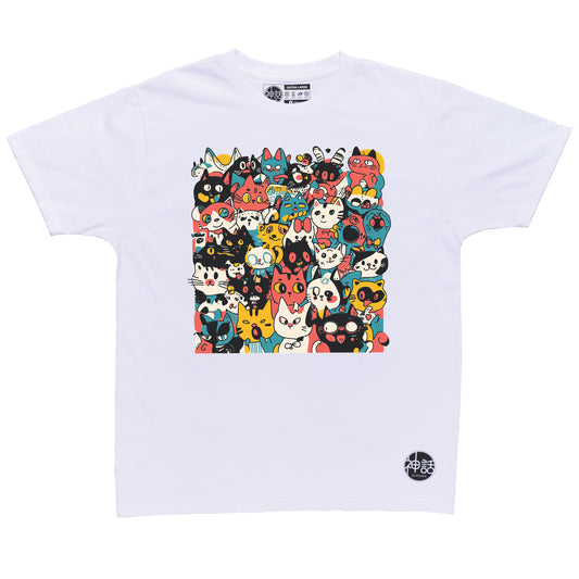 pastel cartoon cat crowd design in white t-shirt by Shinwa, streetwear brand from the Philippines