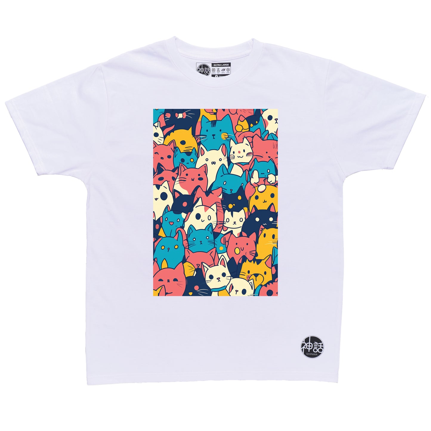 pastel-colored cartoon cats in white t-shirt by Shinwa, streetwear brand from the Philippines
