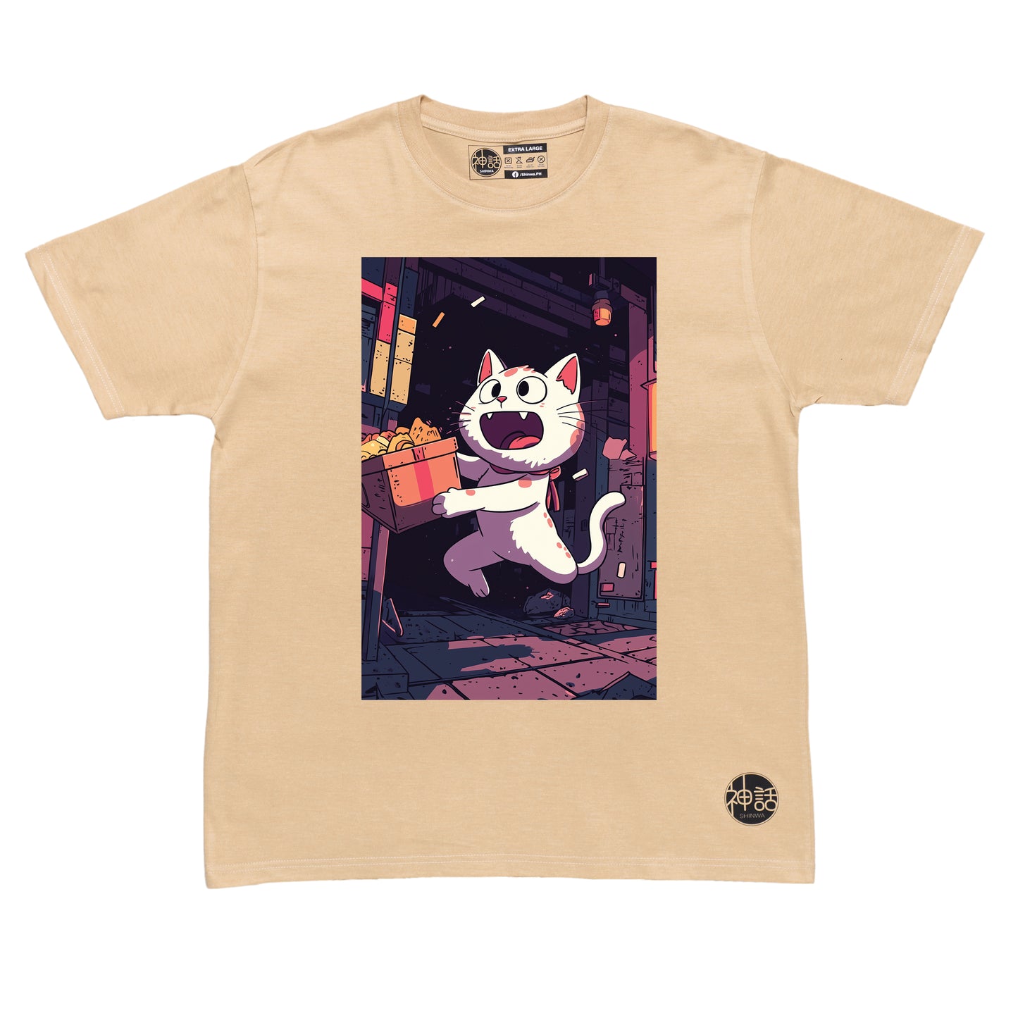 cartoon cat with silly face carrying a box in beige t-shirt by Shinwa, streetwear brand from the Philippines