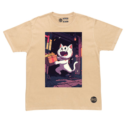 cartoon cat with silly face carrying a box in beige t-shirt by Shinwa, streetwear brand from the Philippines