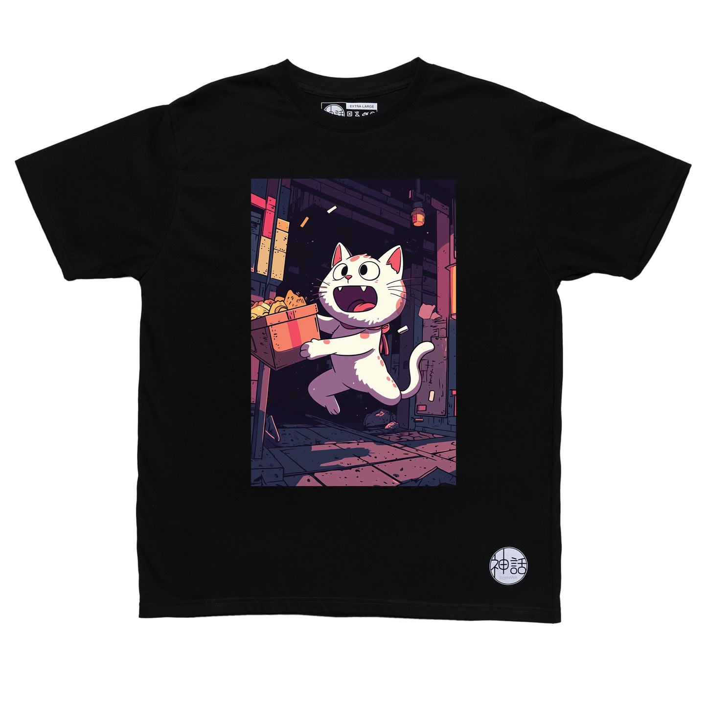 cartoon cat with silly face carrying a box in black t-shirt by Shinwa, streetwear brand from the Philippines