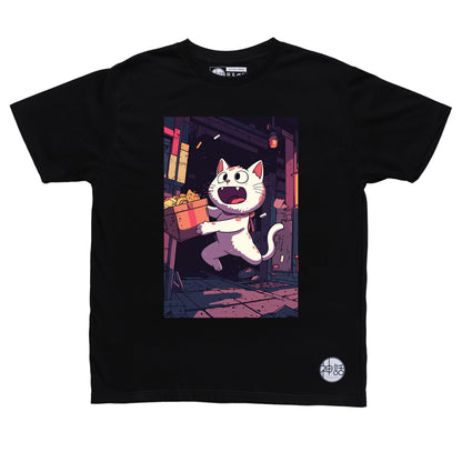 cartoon cat with silly face carrying a box in black t-shirt by Shinwa, streetwear brand from the Philippines