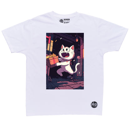 cartoon cat with silly face carrying a box in white t-shirt by Shinwa, streetwear brand from the Philippines