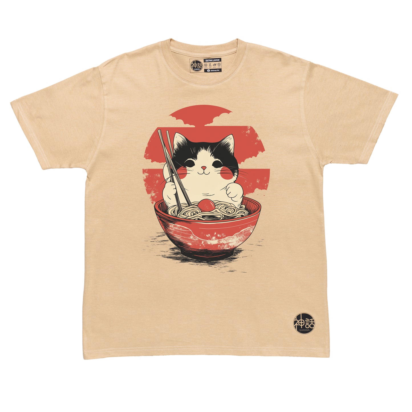cat sitting inside ramen bowl holding chopsticks with red sun background in beige t-shirt by Shinwa, streetwear brand from the Philippines