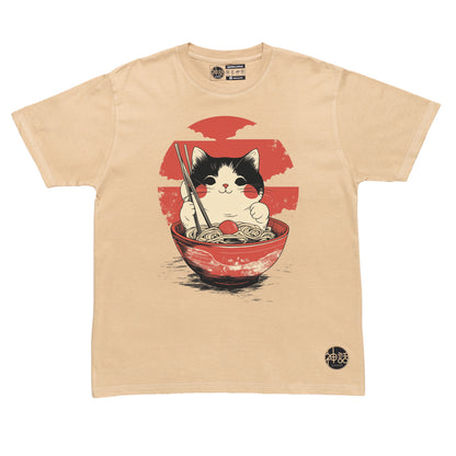 cat sitting inside ramen bowl holding chopsticks with red sun background in beige t-shirt by Shinwa, streetwear brand from the Philippines
