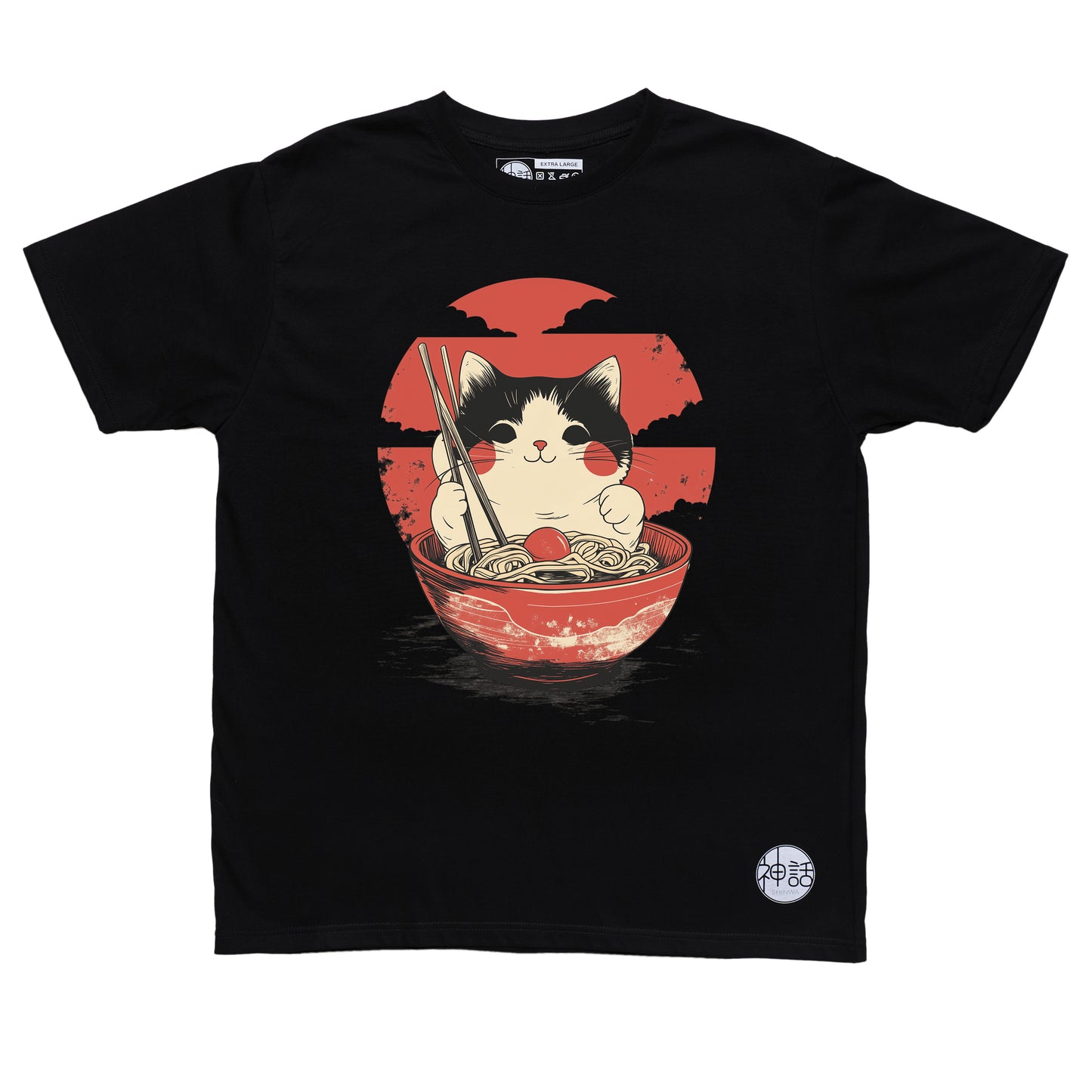 cat sitting inside ramen bowl holding chopsticks with red sun background in black t-shirt by Shinwa, streetwear brand from the Philippines