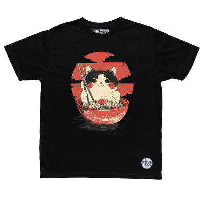 cat sitting inside ramen bowl holding chopsticks with red sun background in black t-shirt by Shinwa, streetwear brand from the Philippines