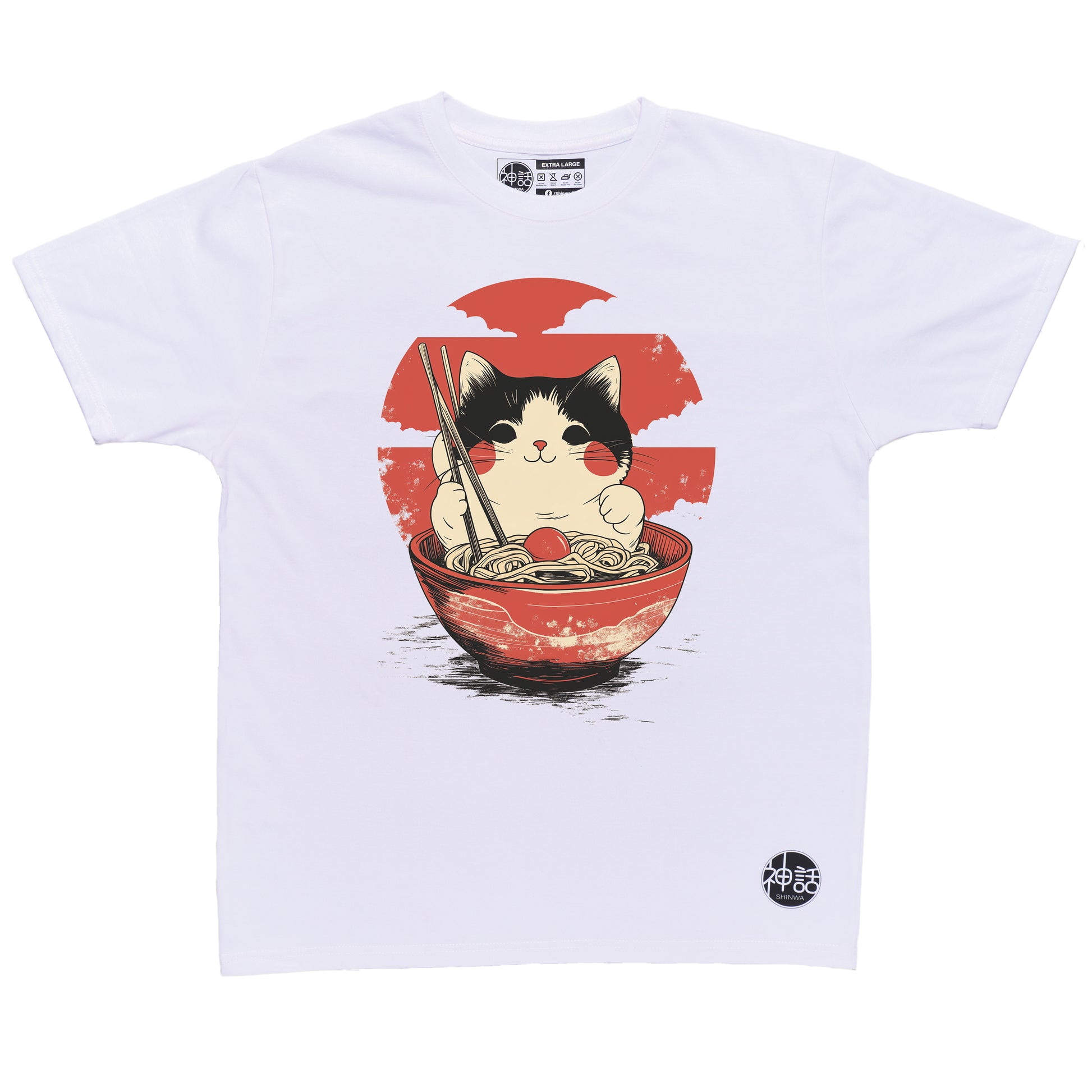 cat sitting inside ramen bowl holding chopsticks with red sun background in white t-shirt by Shinwa, streetwear brand from the Philippines