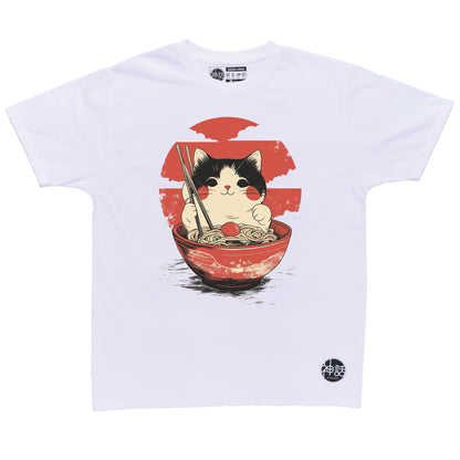cat sitting inside ramen bowl holding chopsticks with red sun background in white t-shirt by Shinwa, streetwear brand from the Philippines