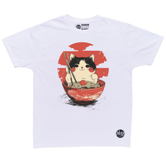 cat sitting inside ramen bowl holding chopsticks with red sun background in white t-shirt by Shinwa, streetwear brand from the Philippines