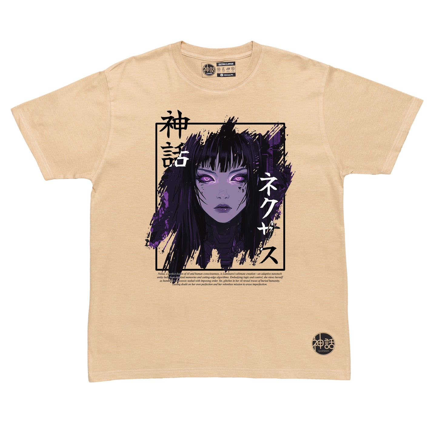 black-haired, purple-eyed anime girl in beige t-shirt by Shinwa, streetwear brand from the Philippines