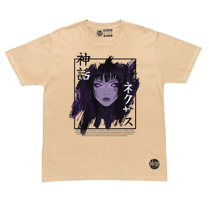 black-haired, purple-eyed anime girl in beige t-shirt by Shinwa, streetwear brand from the Philippines