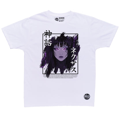 black-haired, purple-eyed anime girl in white t-shirt by Shinwa, streetwear brand from the Philippines