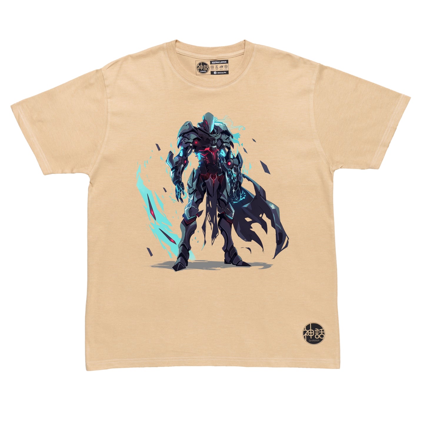 mecha hades in dark armor standing tall in beige t-shirt by Shinwa, streetwear brand from the Philippines