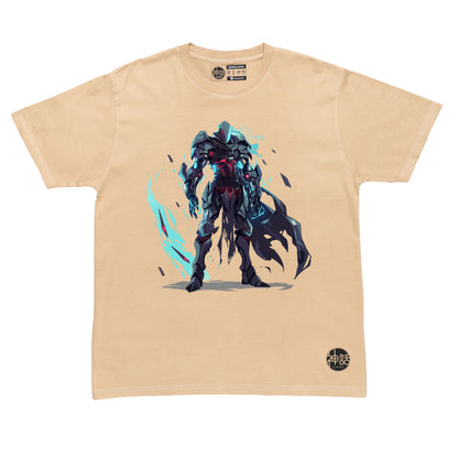 mecha hades in dark armor standing tall in beige t-shirt by Shinwa, streetwear brand from the Philippines
