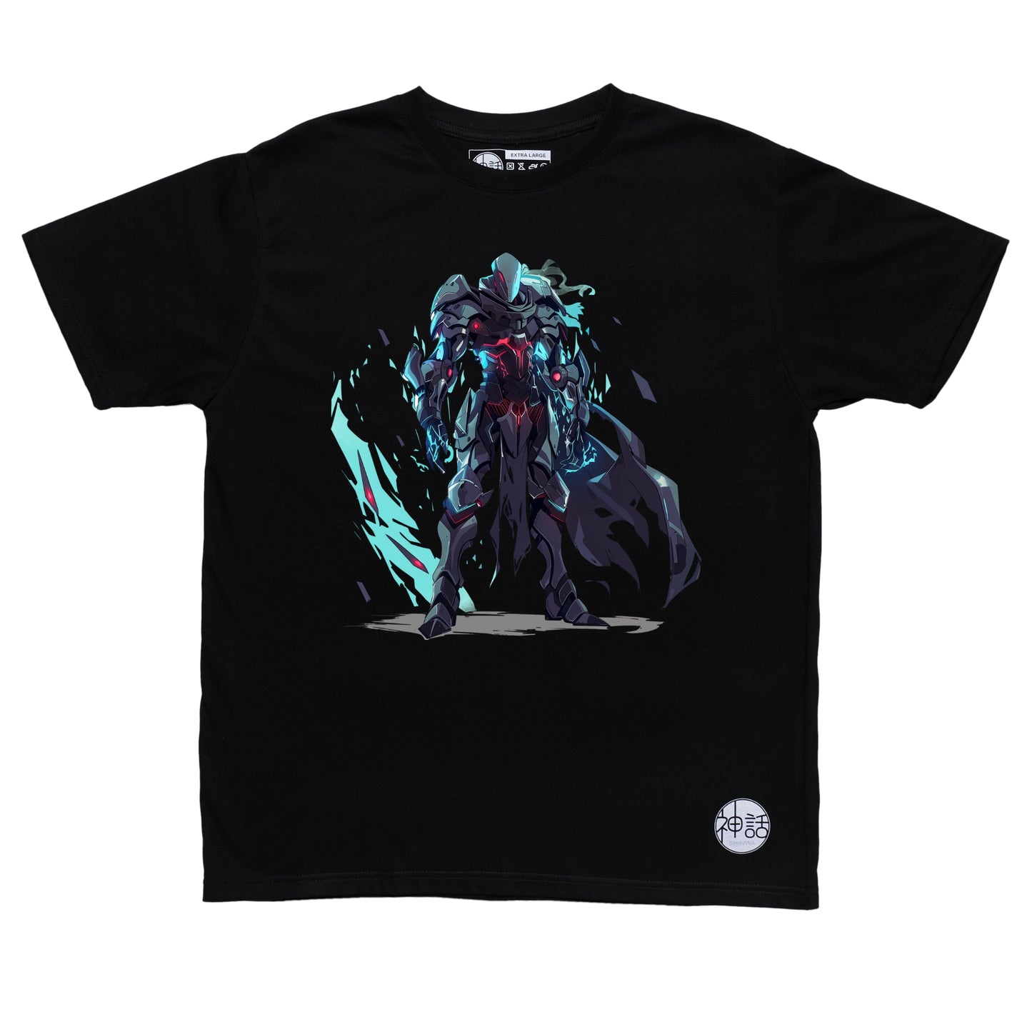 mecha hades in dark armor standing tall in black t-shirt by Shinwa, streetwear brand from the Philippines