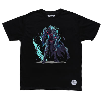 mecha hades in dark armor standing tall in black t-shirt by Shinwa, streetwear brand from the Philippines