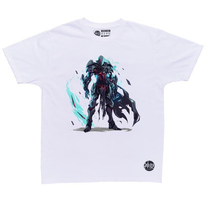 mecha hades in dark armor standing tall in white t-shirt by Shinwa, streetwear brand from the Philippines