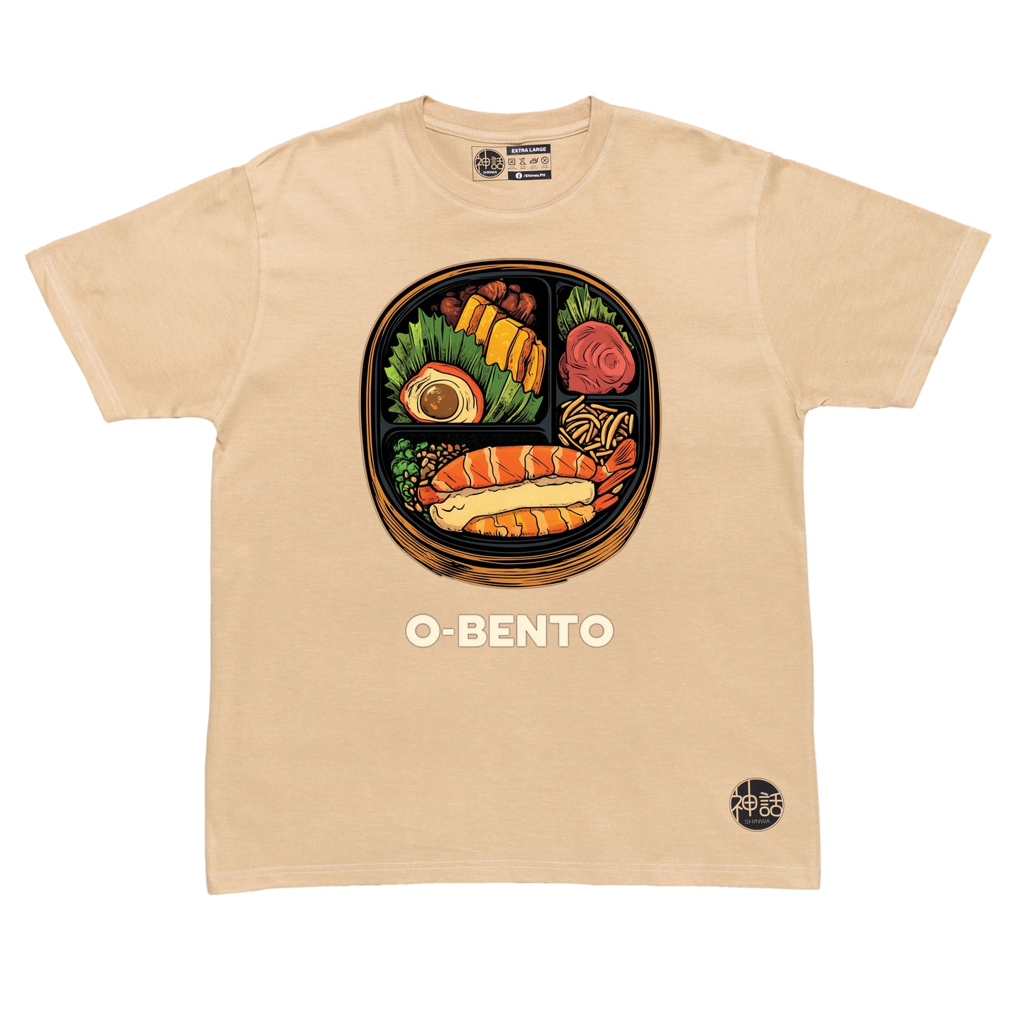 illustrated Japanese o-bento box with rice, egg, and meat on beige t-shirt by Shinwa, streetwear brand from the Philippines