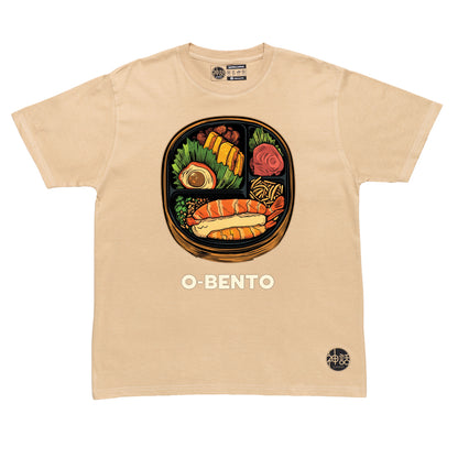 illustrated Japanese o-bento box with rice, egg, and meat on beige t-shirt by Shinwa, streetwear brand from the Philippines