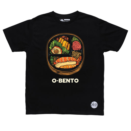 illustrated Japanese o-bento box with rice, egg, and meat on black t-shirt by Shinwa, streetwear brand from the Philippines