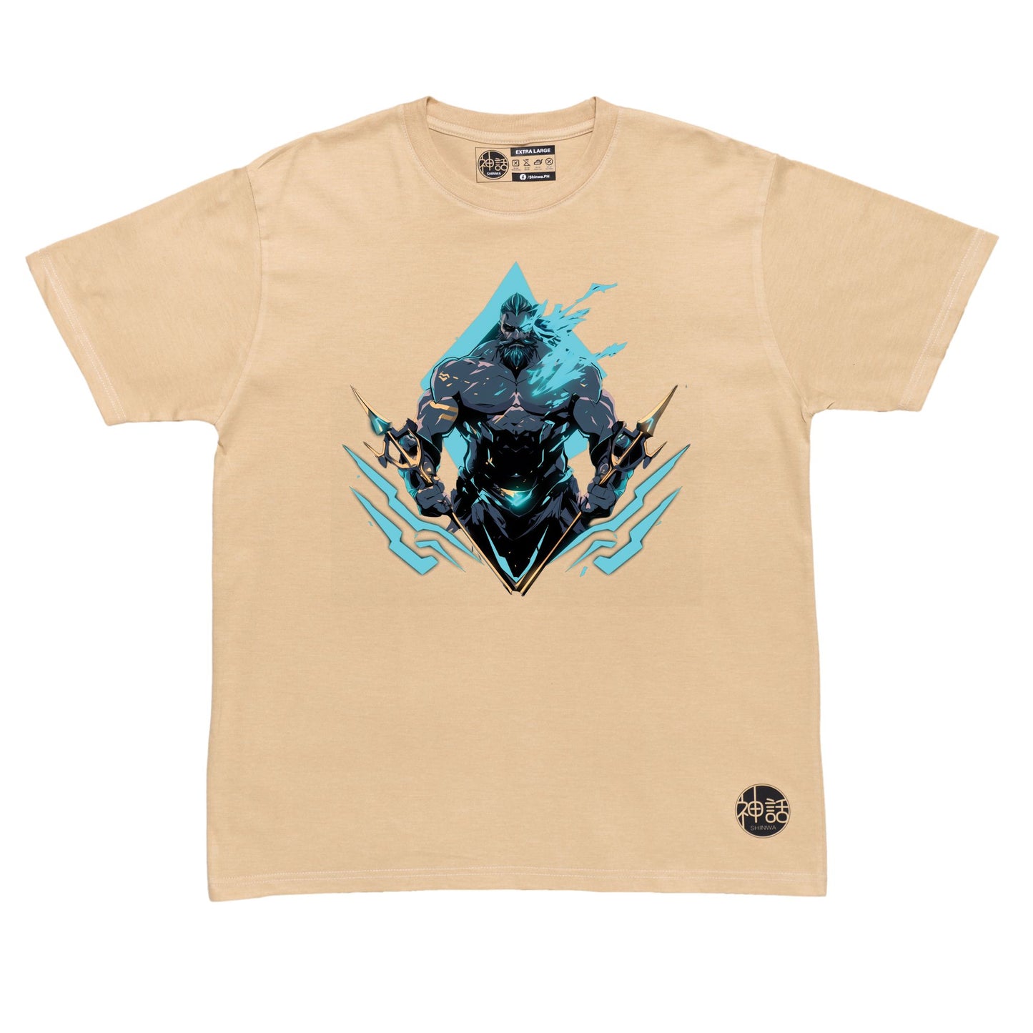 Majestic Poseidon seated on sea throne, trident in both hands, waves crashing below on beige t-shirt by Shinwa, streetwear brand from the Philippines